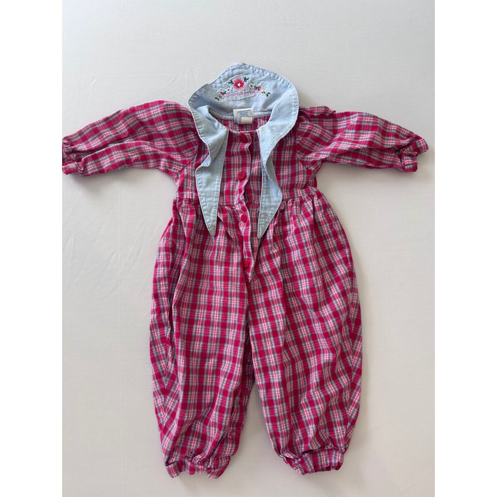 Baby B'Gosh Romper Kids 18M Red Plaid Floral Embroidered Chambray Collar Vintage